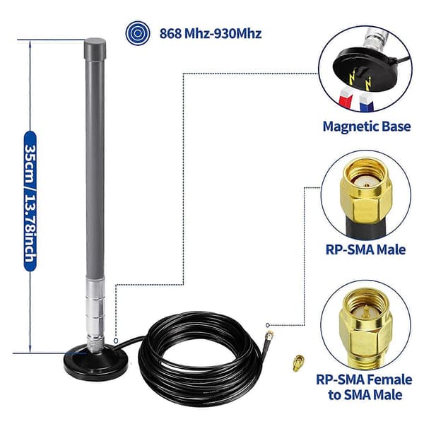 Lora Antenne 868Mhz 3 DBi Glasfiber Lorawan Antenne med Magnetisk Base 3 Meter Forlængerkabel til