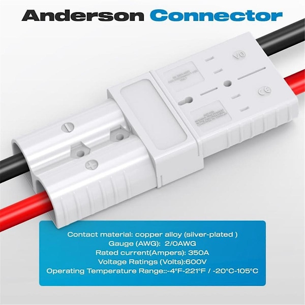 Anderson-kontakt, 350 Amp Batteri Hurtigkobling 2/0AWG 600V Heavy-Duty Vinsjkabelsett for Tauing (2-pakning)