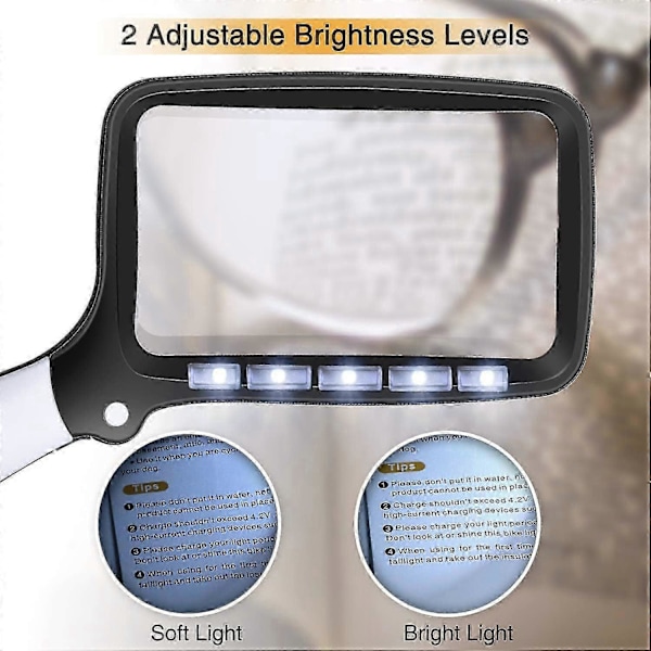 Rektangulärt förstoringsglas med ljus, stort hopfällbart handhållet förstoringsglas med 5 LED, 2 dimningslägen