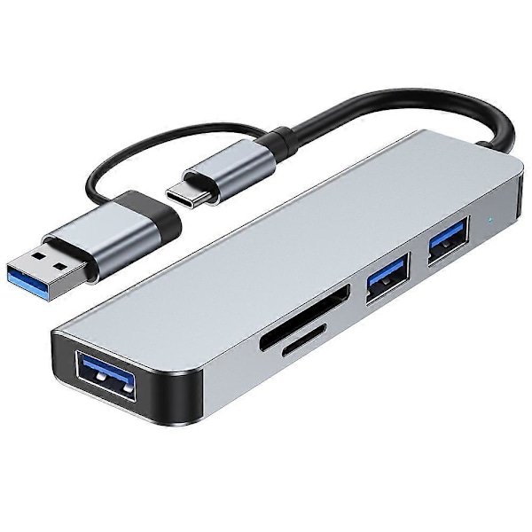 Typ C till USB 3.0 Hub 5-i-1 Dockningsstation med USB 3.0 Port USB2.0 Portar SD/TF Kortläsare Ultra Slim USB Splitter Plug and Play Kompatibel med La