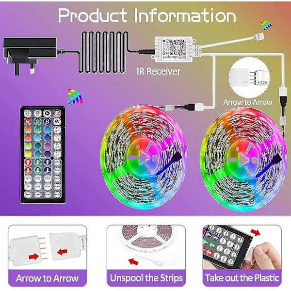 20m LED-lys Bluetooth RGB-lys LED-båndlys med 44-tasters fjernkontroll musikk synkronisering fargeskiftende LED-stemningsstripe