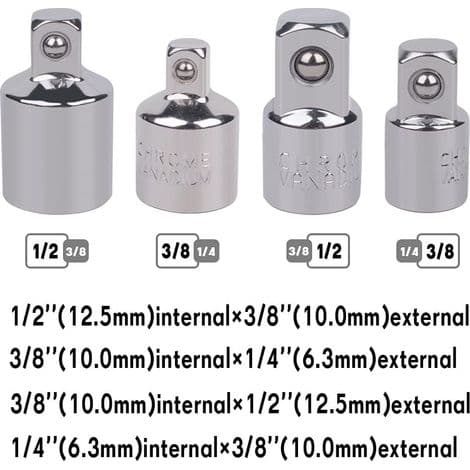 4 stk skralleadapter hylseadapter 1/2 til 3/8-3/8 til 1/2-1/4 til 3/8-3/8 til 1/4 hylsereduksjon for hylser og bits
