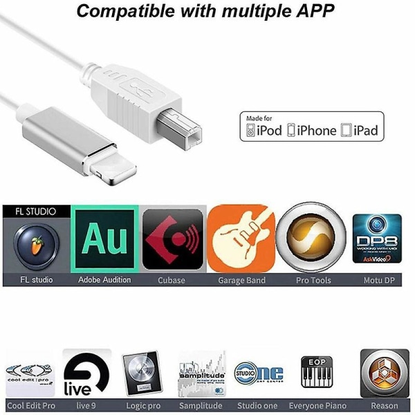 Lightning-liitäntä Type-B MIDI-näppäimistömuunnin USB 2.0 -kaapeli iPhonelle 7 8 X iPadille