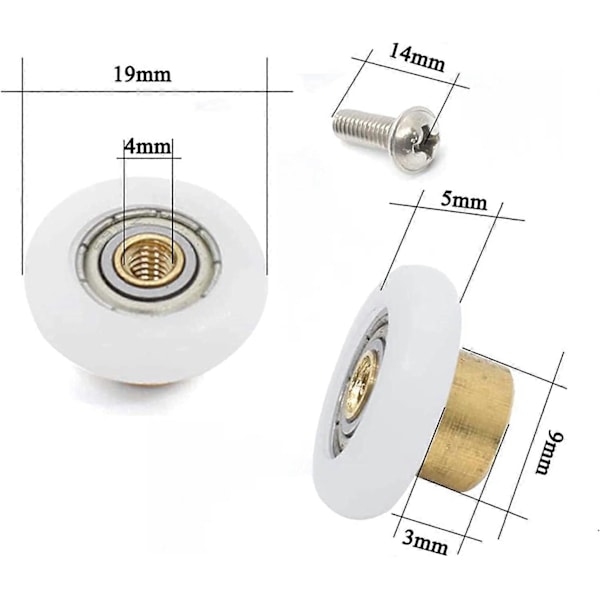 4 Sæt Brusevægsrulle Hjul Ruller Udskiftningsdel Badeværelse Glasdør Rulle Glide Brusevægsdør Rulle Hjul - 19mm x 5mm Guld, Hvid