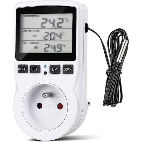 Opvarmnings Termostat Stikkontakt, Timer Stikkontakt med Sensor, Digital Timer Stikkontakt med LCD Display til Akvarium, Drivhus Inkubator Opvarmning/Køling (230V, 1