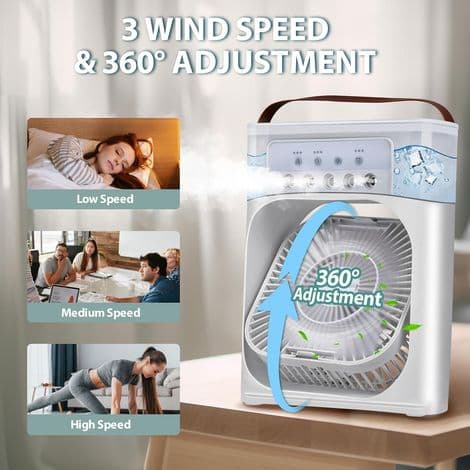 Miniventilator, luftkøler, 3 blæserhastigheder, timer, 7 LED'er, dæmpningsfunktion (hvid).