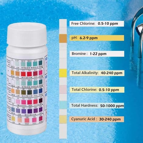 100-pak 7-i-1 Pool Teststrimler – Analyserer pH, Klor, Brom og Hårdhed på 15 Sekunder – Til Spabade og Akvarier - 7-i-1