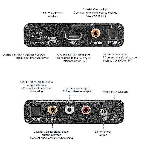 Dac-ljudomvandlare Arc-ljudutdragare - kompatibel optisk Spdif koaxial till analog 3,5 mm digital T