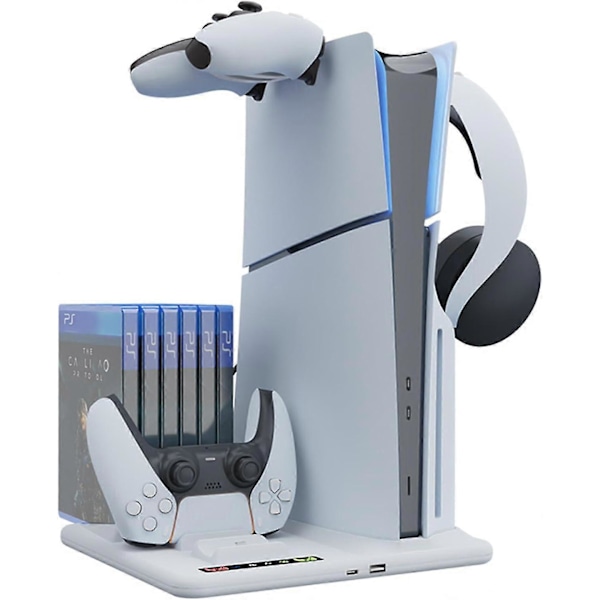PS5 Slim Stand og Kølestation med Dobbelt Controller Ladestation, Kompatibel med Playstation 5 Slim Konsol, med 6 Spillepladser