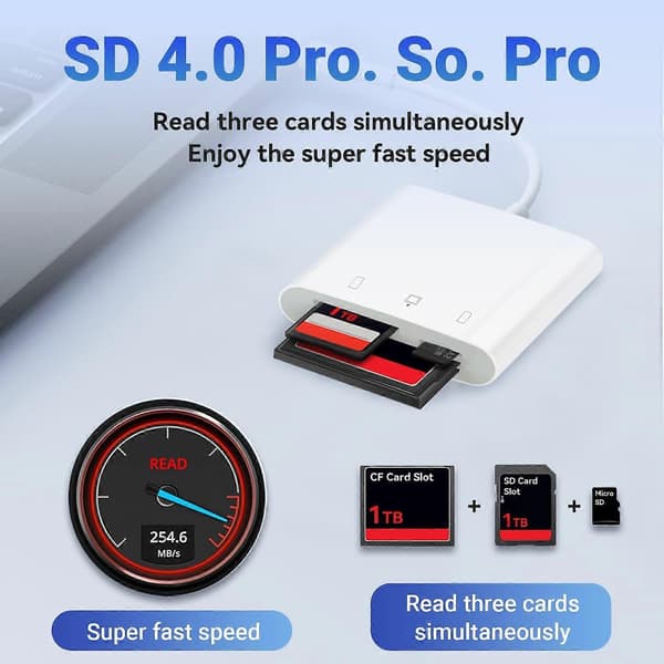 USB C Kortleser for Kameraer, 3-i-1 SD/TF/CF Minnekortleser