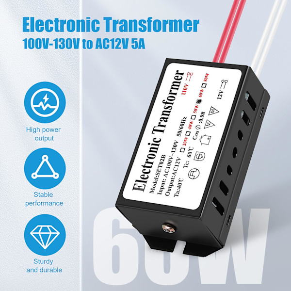 Vktech 110V til 12V 60W Halogen Lys Strømforsyning Konverter Elektronisk Transformer