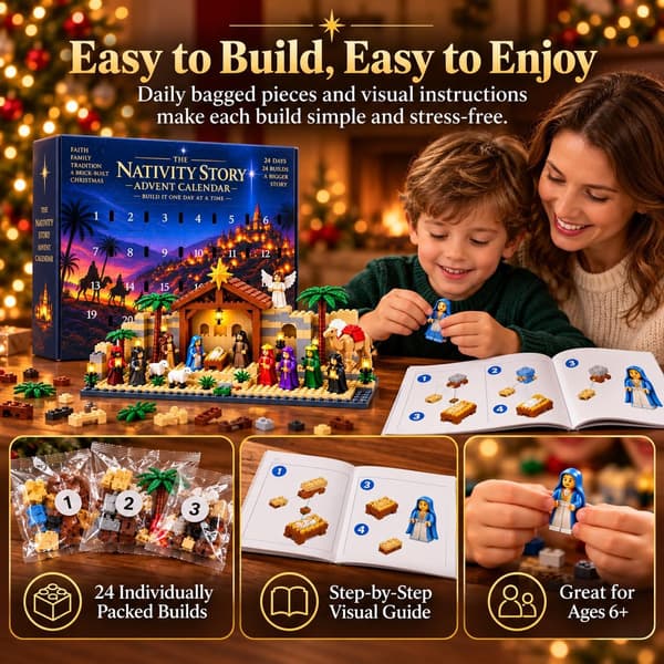 Bethleem Bricks Adventskalender 2026, 24 dagars julnedräkningskalender med julkrubba i byggklossar, julklapp 1 Set
