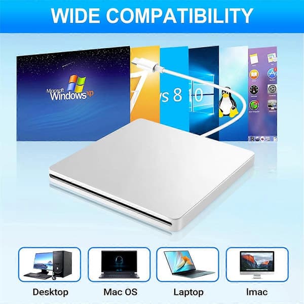 Extern USB CD/DVD-enhet Typ C Portabel Drive-Free CD-filmspelare för Laptop PC Windows Mac