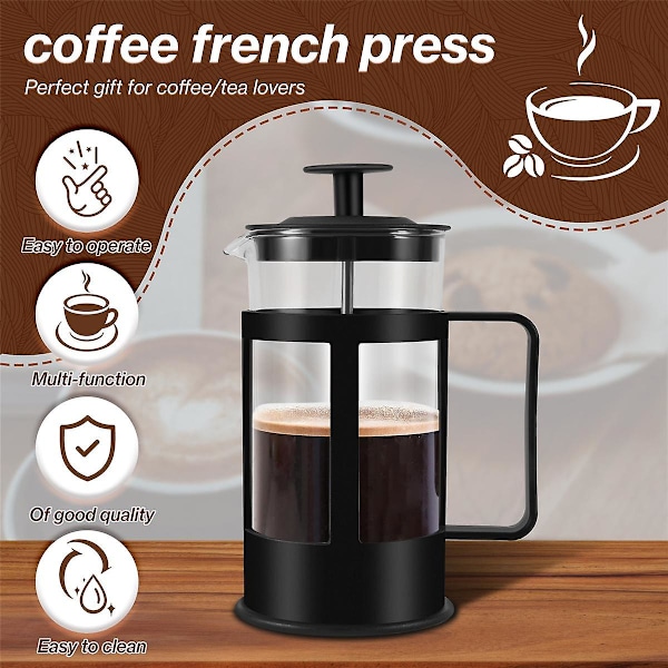 Fransk press kaffebryggare och tebryggare 12Oz, tjockat borosilikatglas kaffepress rostfri och diskmaskinssäker
