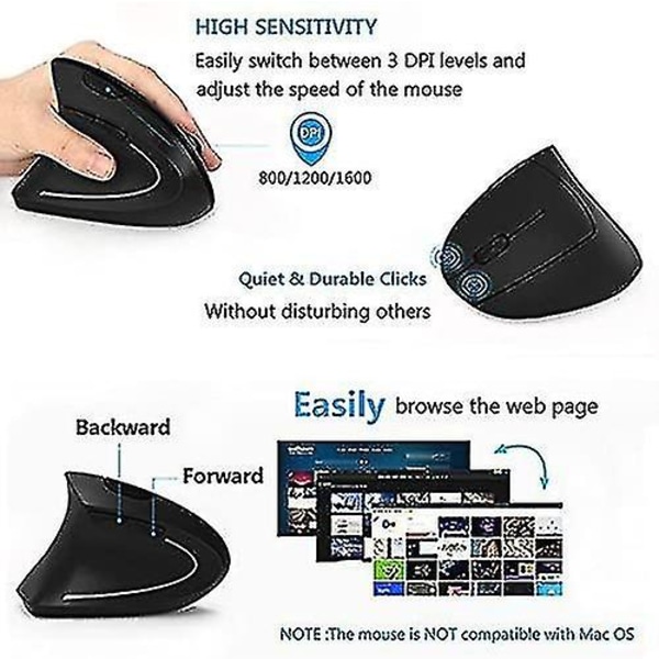 Vänsterhänt ergonomisk vertikal mus, trådlös 2.4g Usb vänsterhänt vänsterhänt ergonomisk vertikal mus, mindre brus - Svart