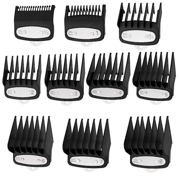 Clipper Guards Skæreguides Til Wahl Clipper Med Metal Clip - Fra 1/16 Tomme Til 1 Tomme (1,5-25 mm) Passer Til Alle Wahl Clippers I Fuld Størrelse - 10 Pak Sort