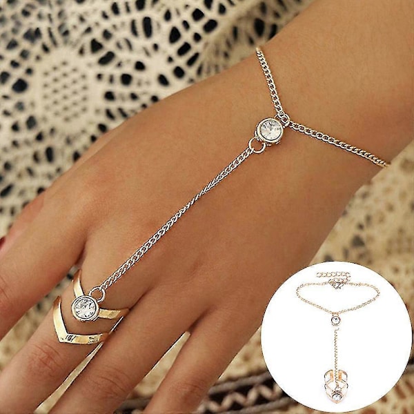 Kvinde Håndleds Kæde Hånd Ryg Kæde Guld Krystal Ring Armbånd Smykker Gave