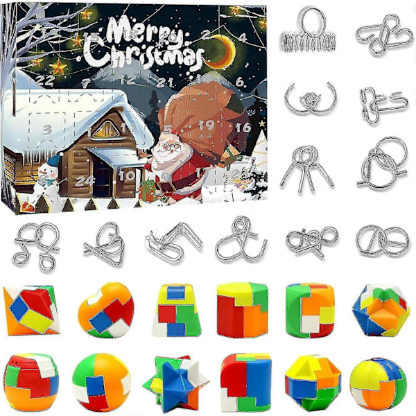 Advent Calendar -24 Days Of Christmas Countdown Gift Box With 3d Metal Wire And Plastic Brain Teaser Puzzle Toys