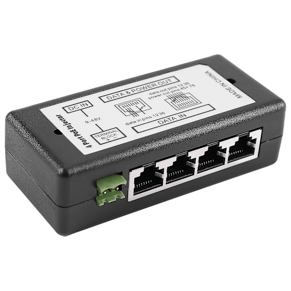 4-port PoE-injektor PoE-strömadapter Ethernet-strömförsörjning Pin 4,5(+)/7,8(-) Ingång DC12V-DC48V för IP-kamera