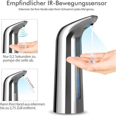 Automatisk såpedispenser, hånddesinfeksjonspumpe, berøringsfri vaskemiddeldispenser (400 ml, sølv)