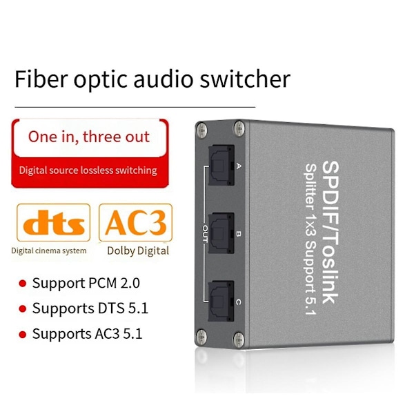 Digitaalinen optinen äänenjakaja Digitaalinen SPDIF TOSLINK optinen kuituääni 1X3 jakaja 1 sisään 3 ulos jakaja tukee 5.1