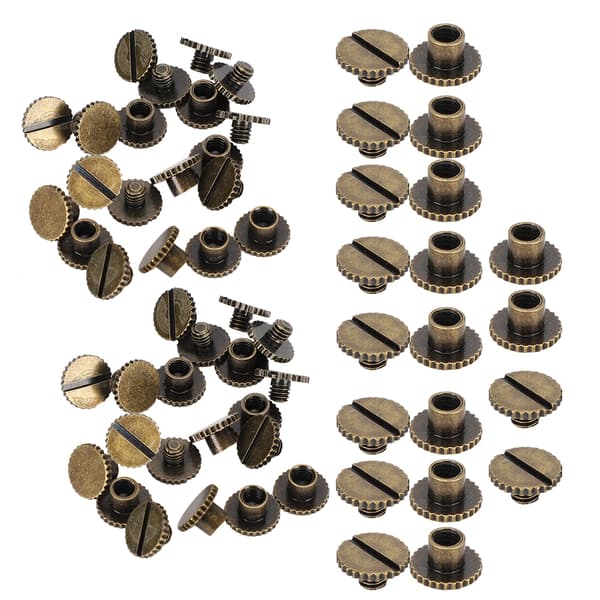 30 stk. flate messingboknitter riflede lærbindingsstifter 9,5x4 mm spiker og 4 mm skrue bronse