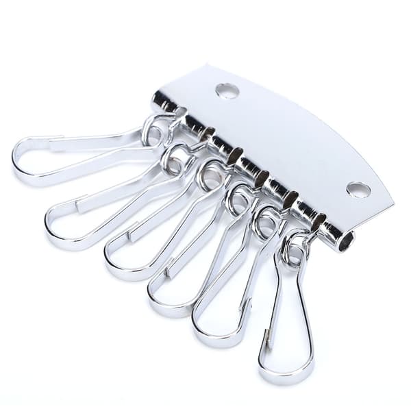 Key Organizer Wallet Leather Case with Metal Keychain, 6 Hooks for Bag, Silver