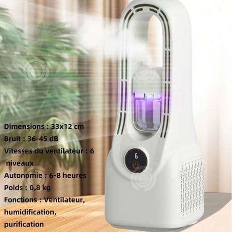 Mobil luftkøler, 6-trins bladløs ventilator, 150 ml luftfugter, til kontor/soveværelse
