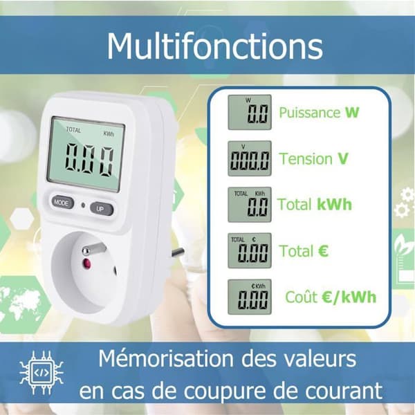 Elmåler - Wattmeter - 16 A - Baggrundsbelyst - Multifunktion - Hvid