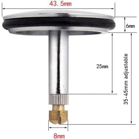 Justerbar ersättningspropp för badkar med 8 mm diameter stam och 43,5 mm diameter lock