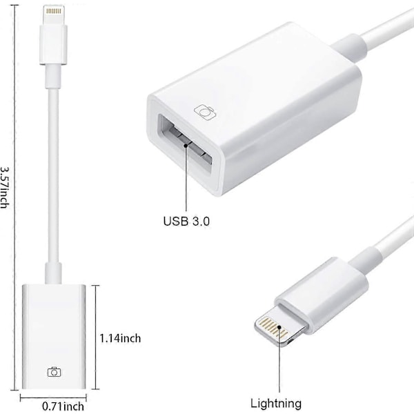 Lightning–USB-kamerasovitin Lightning-naaras USB OTG -kaapelisovitin tietyille iPhone- ja iPad-malleille, tukee kameran, kortinlukijan ja USB-muistitikun liittämistä