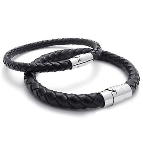 Armband i rostfritt stål och flätad läder, för män och kvinnor, svart - Bredd 6 mm - Längd
