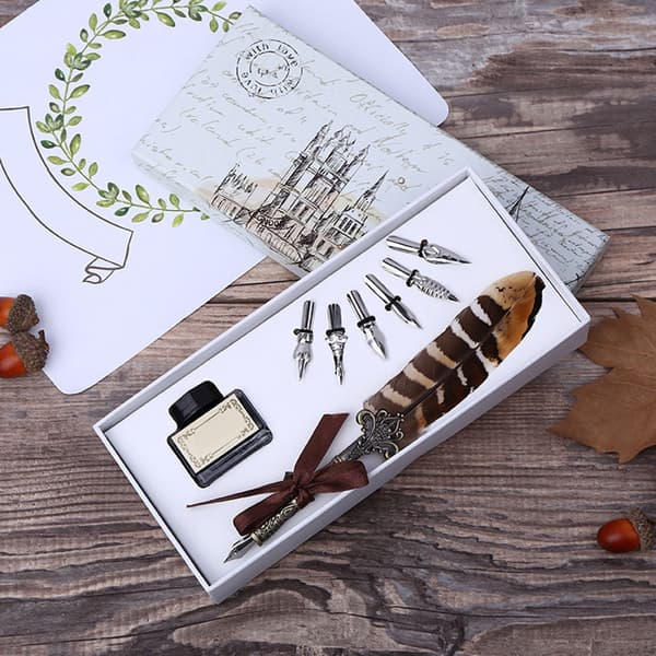 Retro Feather Dip Pen Set Stainless Steel Nib Calligraphy Writing Kit with Gift Box