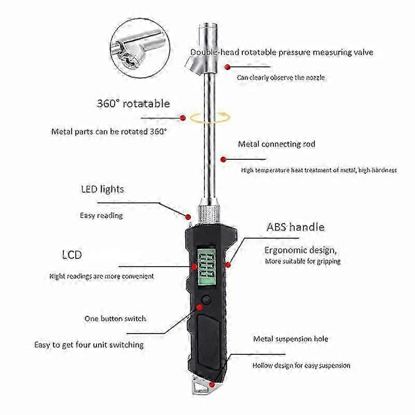 Digital Dekktrykksmåler 230 PSI LCD Lysende Skjerm Dobbelthodet Digital Dekktrykksmåler fo
