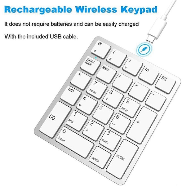 Trådløst numerisk tastatur 2,4 GHz trådløst genopladeligt numerisk tastatur til bærbare computere hvid