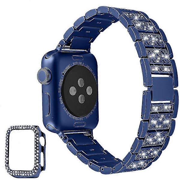 Tylikäs Strassikoristeinen 3 Helmiä Ruostumattomasta Teräksestä Valmistettu Ranneke + PC-Kellokotelo Suojaava Kotelo Apple Watch Series 6/5/4/SE 44mm - Sininen