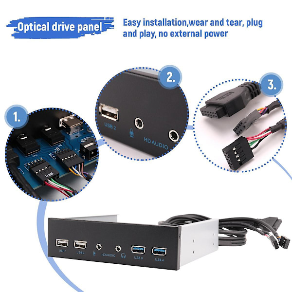 5,25 tommers PC-kabinett Internt Frontpanel USB-hub 2 porter USB 3.0 og 2 porter USB 2.0 med HD-lydport 20-pin kontakt