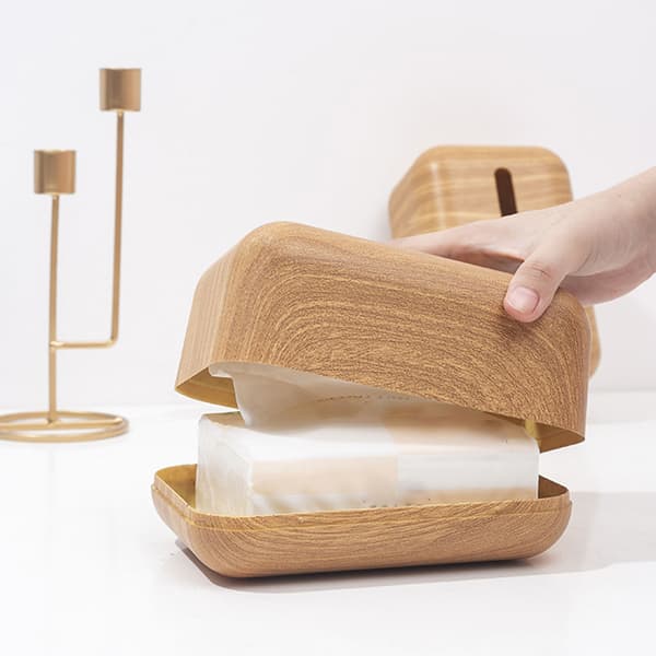 Napkin Box with Wood Grain, Rectangular Napkin Holder, Easy Refill, Elegant Desk and Coffee Table Organizer, Natural Wood Finish