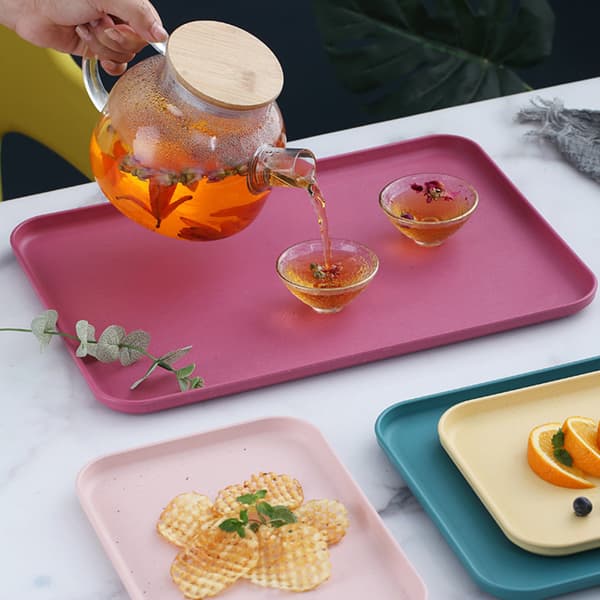 Wheat Straw Kitchen Tray, Rectangular, Nordic Style, for Muffins, Fruit, Snacks, Tea Tray for Home, Office, Restaurant, Pink S (approx. 25x17cm)