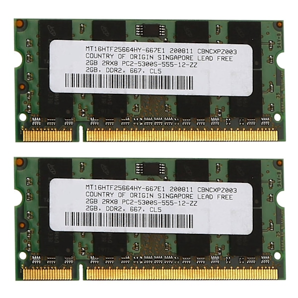 2x 2 Gt DDR2 RAM-muisti 667MHz PC2 5300 Kannettava RAM Memoria 1.8V 200-nastainen SODIMM Intelille ja AMD:lle