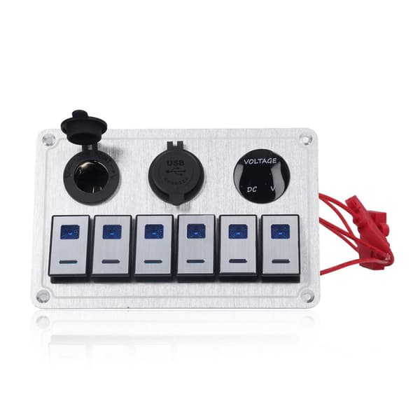 Bil RV Vippebryterpanel 6 Gjenger PÅ/AV Blått LED-lys 2.1A Dobbel USB-ladeport Aluminiumslegering