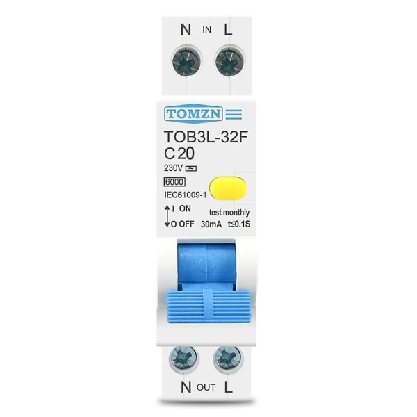 Tomzn 18mm 230v Rcbo 1p+n 6ka Jordfelsbrytare Automatisk kretsbrytare med överströmsskydd