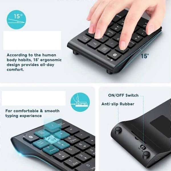 Trådløst Bluetooth numerisk tastatur, 22-tasters bærbar slank numerisk blokk for bærbar datamaskin, PC, skrivebord