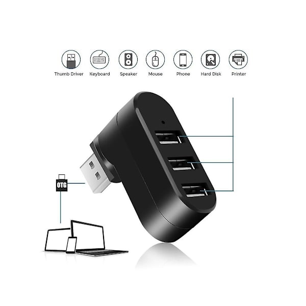 3-portars USB 2.0-hubb USB-portdelare USB 2.0-expander 90-180 graders roterbar för bärbar dator PC-bord