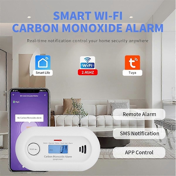 WiFi Smart Kolmonoxidlarm, WiFi CO Gasdetektor med Tuya App-kontroll, 10 års batteritid, E