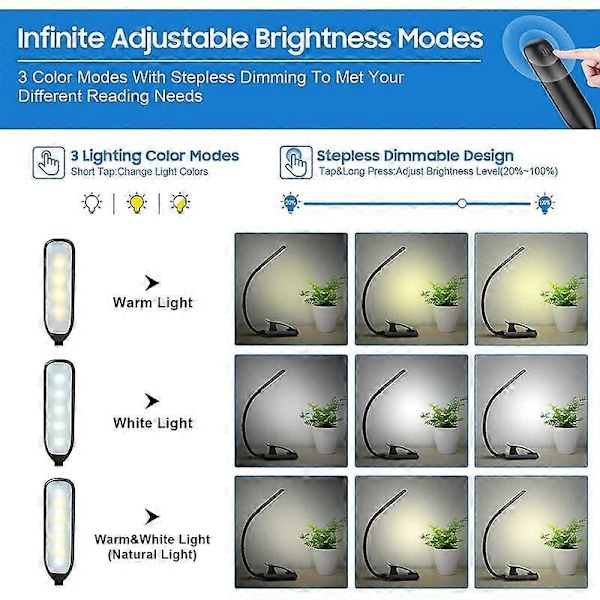 Leselampe, 9 LED Oppladbar Leselyslampe med Berøringssensor, Trinnløs Dimming Boklampe med 3 Fargemoduser, Svart