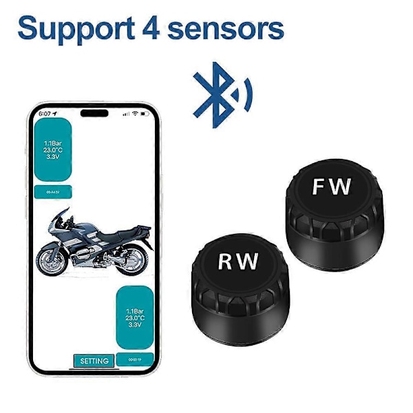 Bluetooth Bil TPMS Däcktrycksövervakningssystem med 2 Externa Sensorer Motorcykel Bil Däcktryckssensor för iOS Android