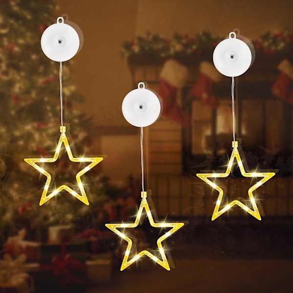 LED-stjärnor Juldekoration, 3-pack, 10 LED-juldekorationer inuti med timer, Varmt vitt Fairy Lights Stjärnor för fönsterdekoration, Jul