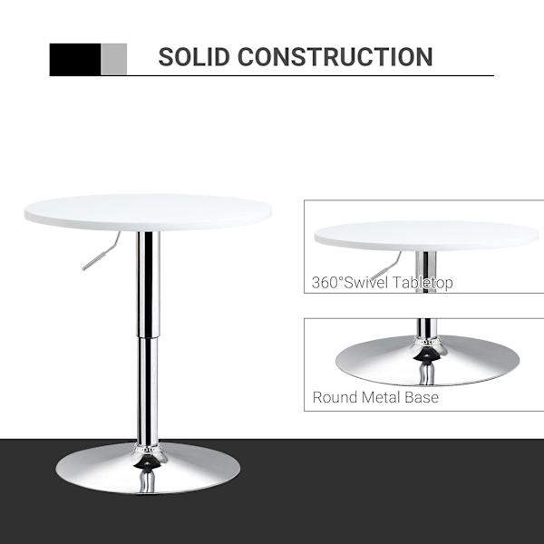 HOMCOM 60cm Justerbar Höjd Rund Barbord med Vridbar Skiva Vit