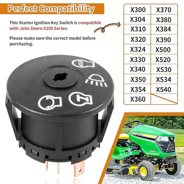 2024 Startnyckel med 2 nycklar passar till John Deere X100-serie traktor X300 X304 X310 X320 X324 X330 X340 X350 X354 X360 X370 X380 X384 X390 X5